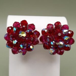 Vintage Red Aurora Borealis AB Cluster Clip On Earrings, 1950s, 1 Inch